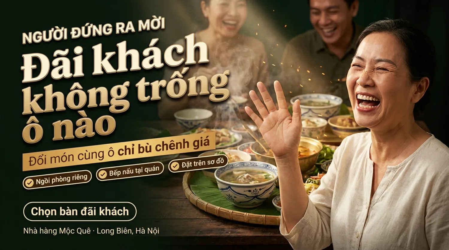 Thực khách cười lớn bên mâm cỗ Mộc Quê dọn đủ bát đĩa — đổi món cùng ô chỉ bù chênh giá