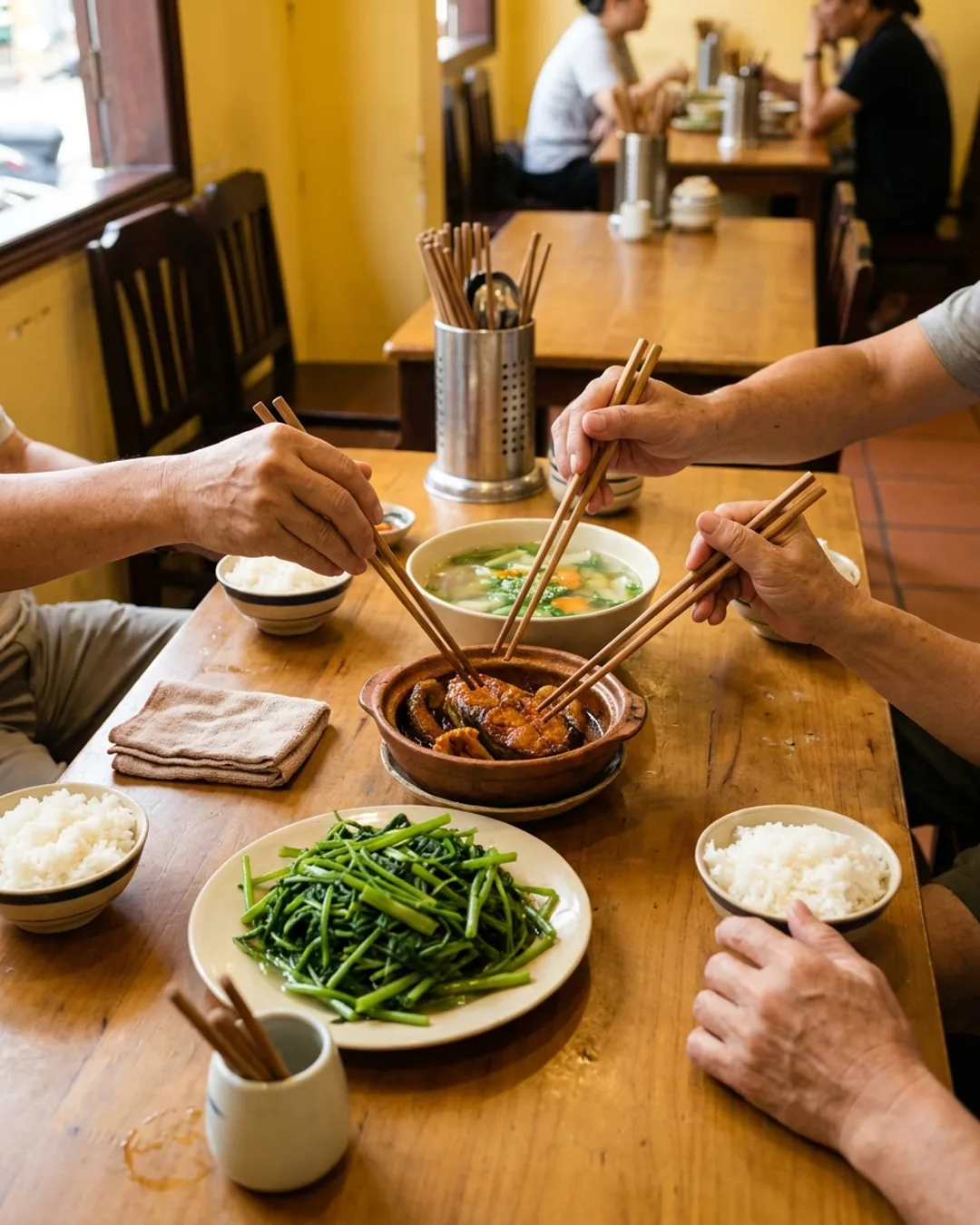 Cả nhà quây quần chung mâm cơm quê tại Nhà hàng Mộc Quê